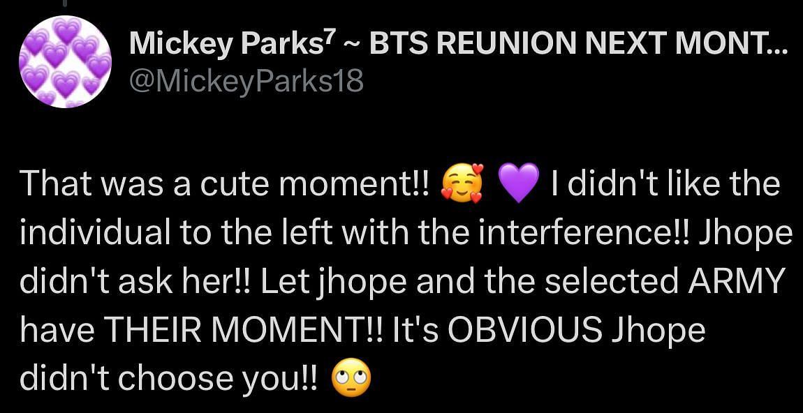 A fan comment on BTS j-hope's HOTS concert fan's conduct (Image via X/@MickeyParks18)